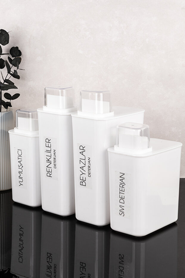 Set of 4 Self-Scale Detergent Boxes with Labels 3000 ml - 2200 ml Colors White Liquid Detergent Softener Label Scale Lid Detergent Container