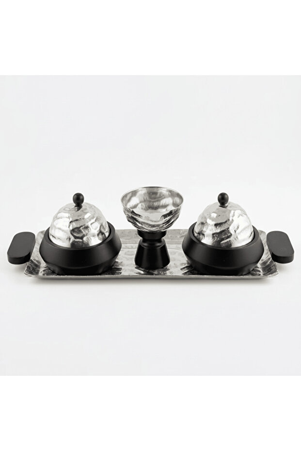 Luhpar Wave Textured Aluminum Serving Set - Rectangular Tray with Domed Cloches & Pedestal Bowl - 50×20 cm