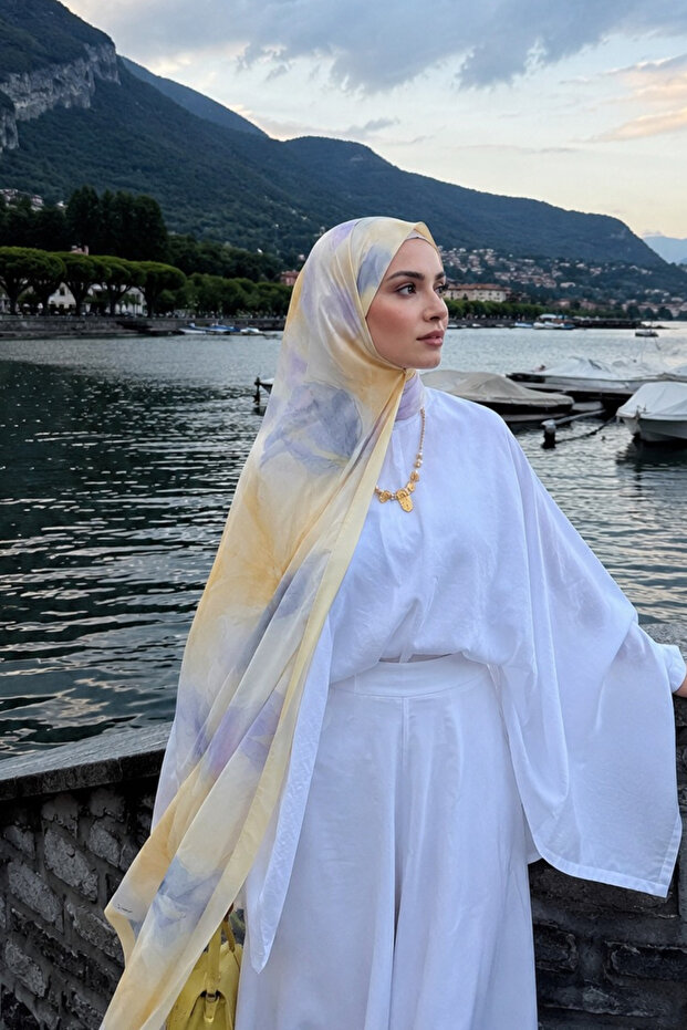 French Silk Shawl Model Pastel Floral Patterned Hijab Shawl