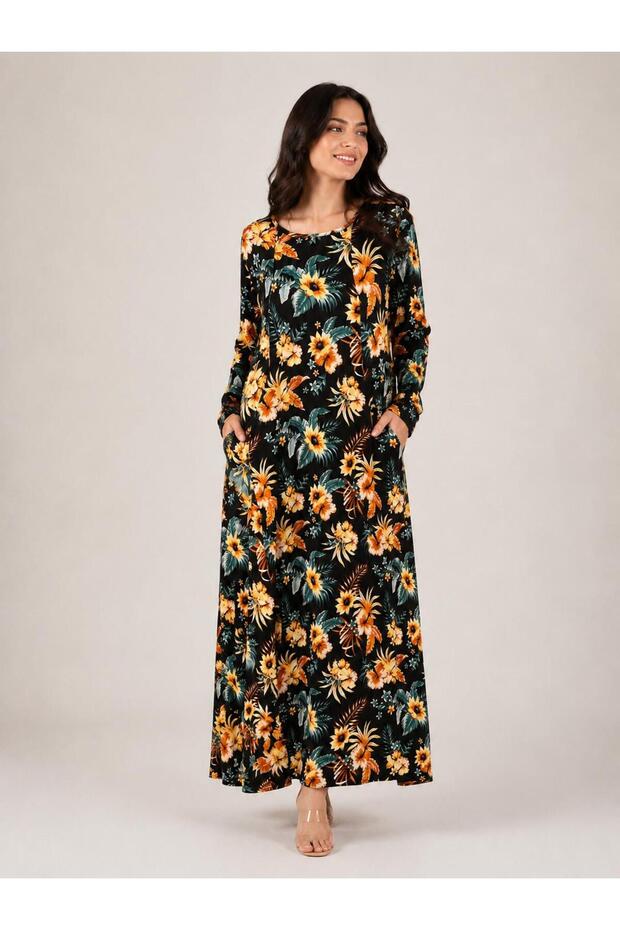 Long Sleeve Printed Pocket Long Women's Dress