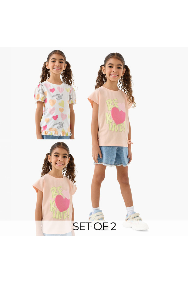 Pack of 2 Round Neck Short Sleeves T-shirt with Heart Print