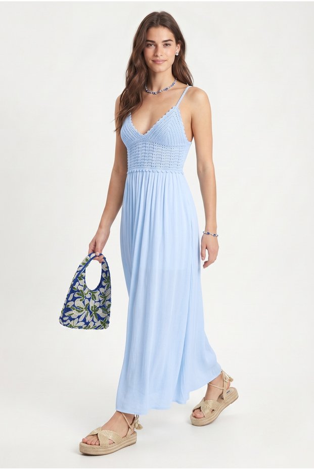 Women's Noa Lined 100% Cotton Crochet Detailed Strappy Long Woven Blue Dress