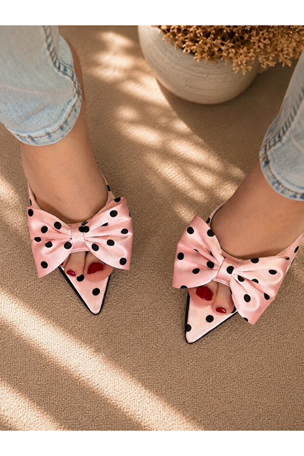 Hendi̇ Powder Pink Polka Dot Satin 10 cm Thin Heel Slippers