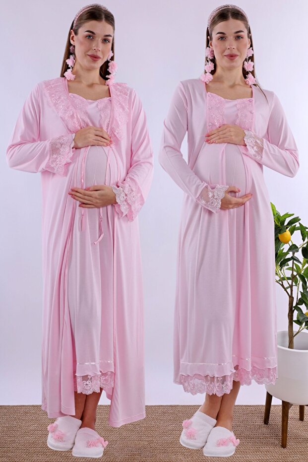 Comfortable Cut Cotton Dressing Gown Maternity Nightgown Set Effortt - Pink