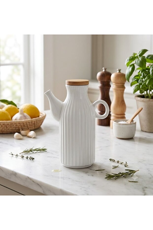 1 Liter White Porcelain Oil Pot & Vinegar Container – Stylish Design with Lid