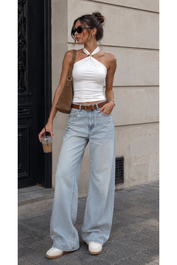Women's Bluz with Metal Collar Detail and Tie-Up Fastening