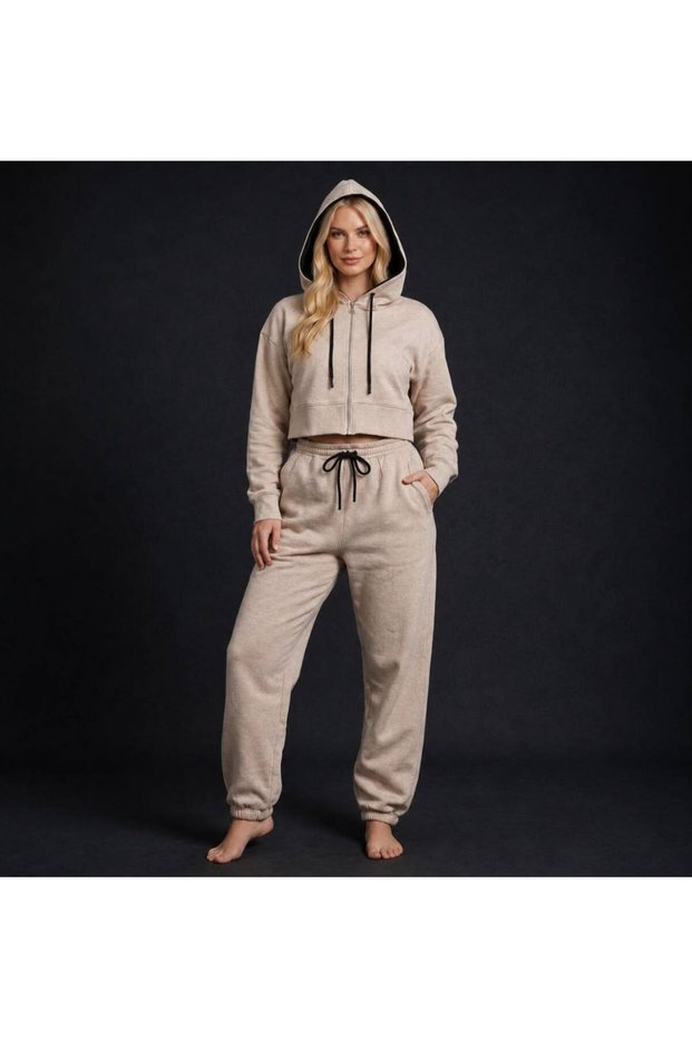 Women's Crop Tracksuit Set 100% Cotton Three Thread Ribbed