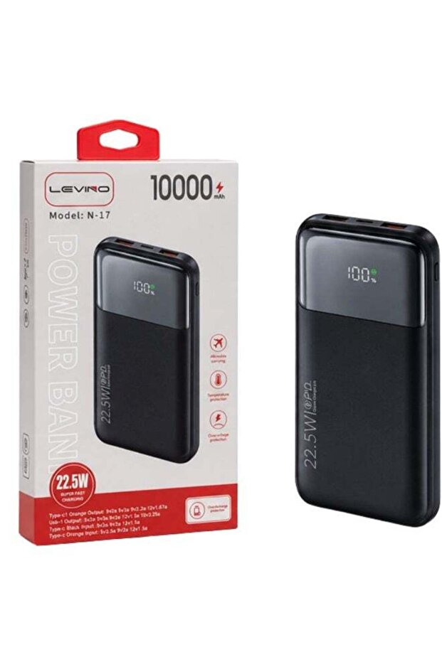N-17 10000mAh Power Bank, 22.5W Fast Charging, Flight Approved Portable Charger with 4 Built-in Cables (USB-C, Lightning, Micro USB & USB), LED Digital Display, USB-C + Dual USB Ports, Universa
