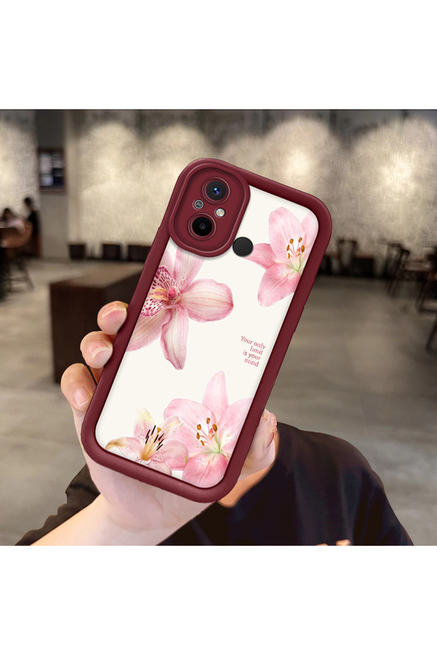 Xiaomi Poco C55 Compatible Case Camera Protector Burgundy Silicone Couple Phone Case Floral Pattern