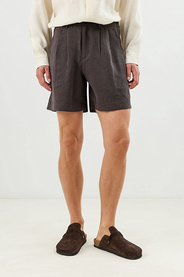 Brown Lyocell Blend Pleated Men's Shorts