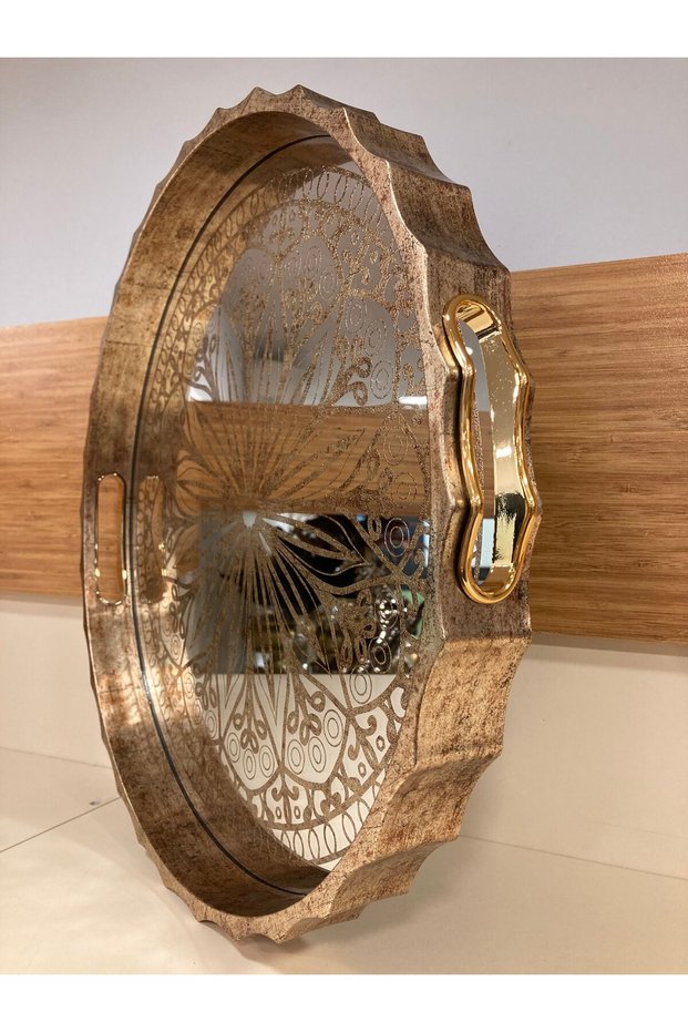 Tray with Wooden and Mirror Details, Star Pattern, Round, Antique-Looking Model, Color Antique, Large Size, Diameter 40 cm