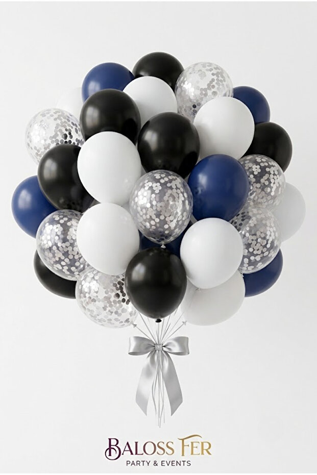 Starry Night Themed Black White Navy Blue Silver Confetti 20-Piece Balloon Set 11 Inch