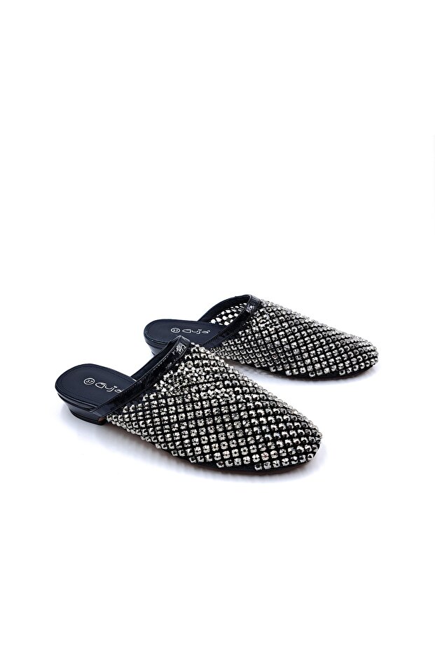 3 cm Mini Heeled Black Color Women's Stylish Closed Toe Sabo Slippers with Mesh and Stones