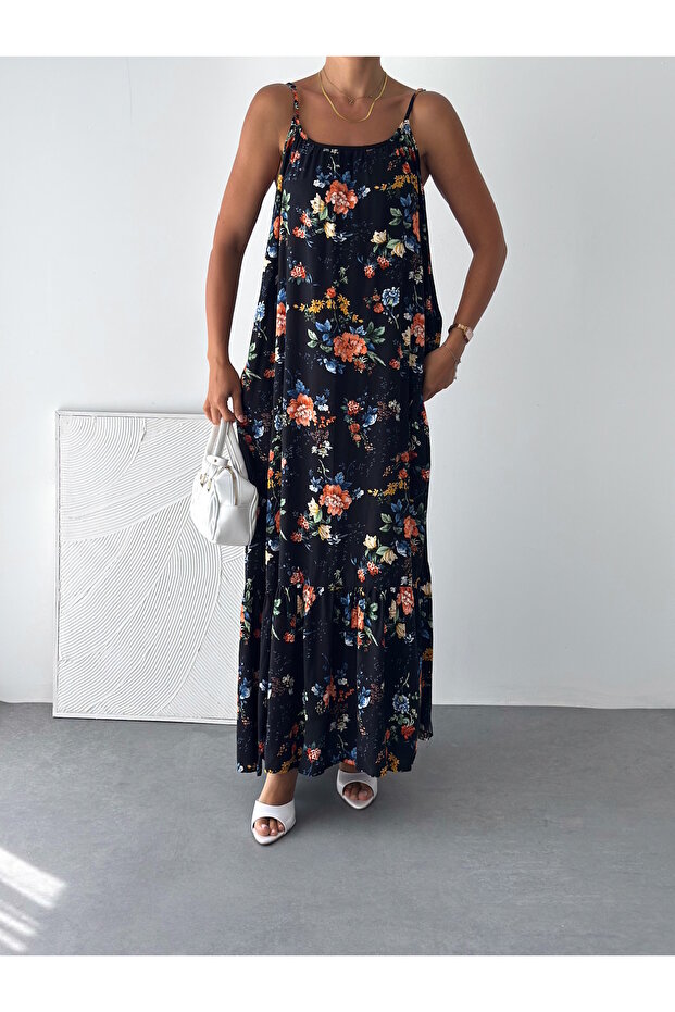 Women's Black Floral Patterned Viscose Maxi Dress with Side Pockets and Straps