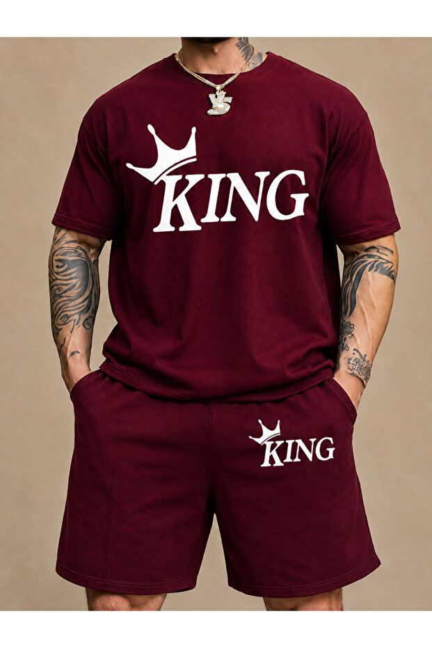 Men's Oversize 100% Cotton King Printed Shorts Set – Casual Daily 2-Piece Set