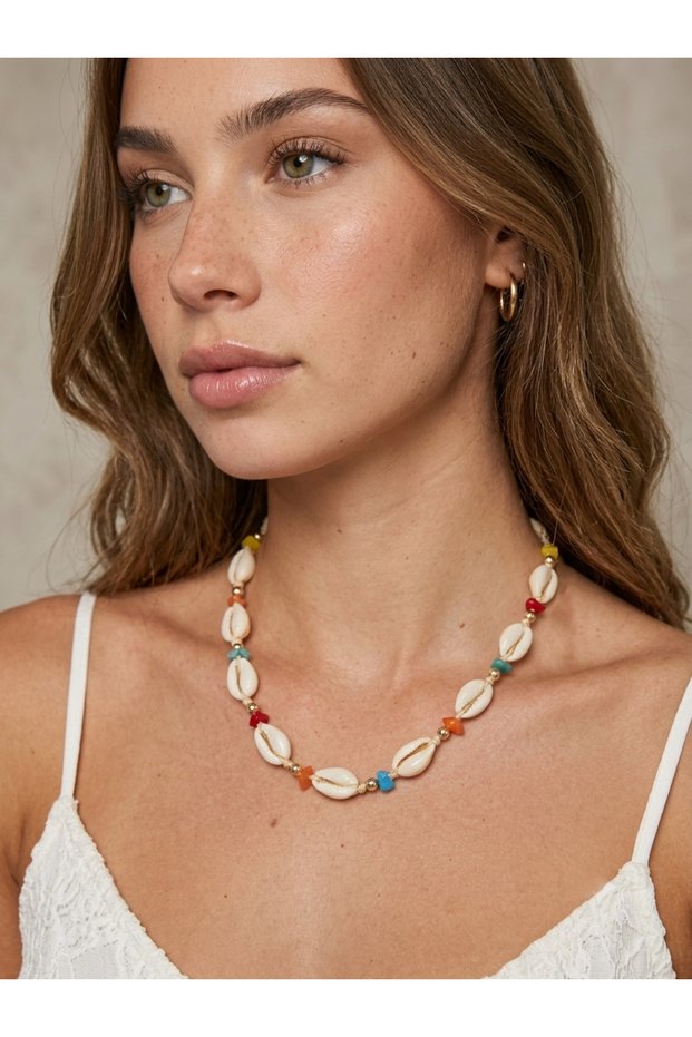 Colorful Crystal Beaded Seashell Necklace | Women's Summer Beach Necklace with Extension Chain Cowrie Shell