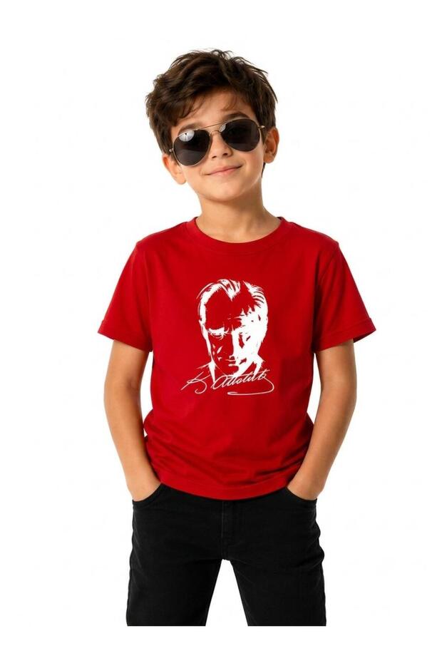Children's Ataturk Portrait and Signature Red Crew Neck 100% Cotton T-Shirt