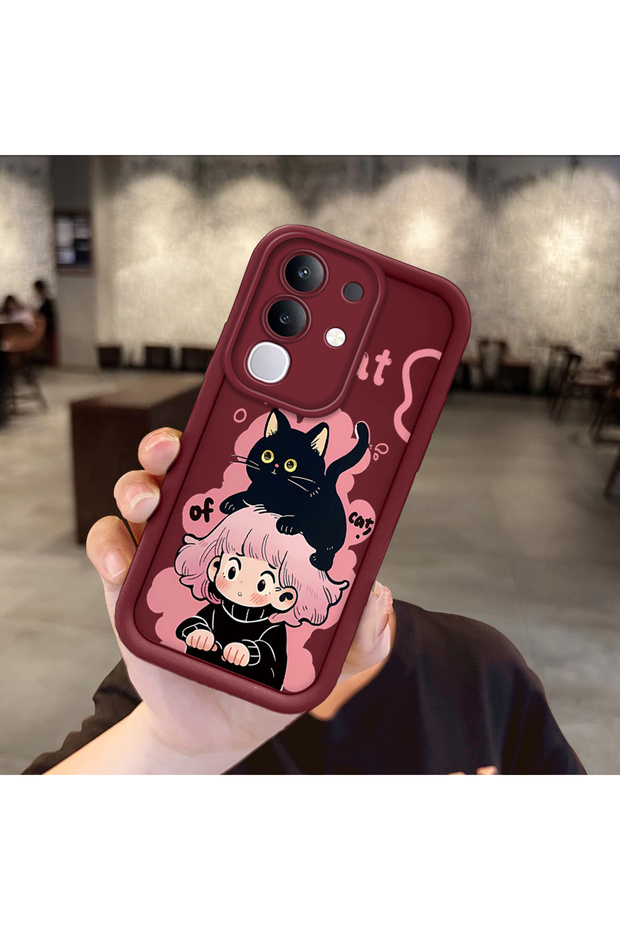 Vivo Y29 Compatible Case Camera Protector Claret Red Silicone Couple Phone Case Cat Pattern