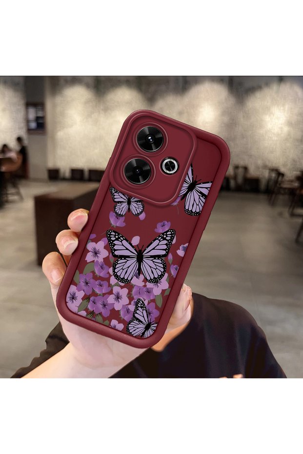 Xiaomi Poco M6 4g Compatible Case Camera Protector Claret Red Silicone Couple Phone Case Butterfly Pattern