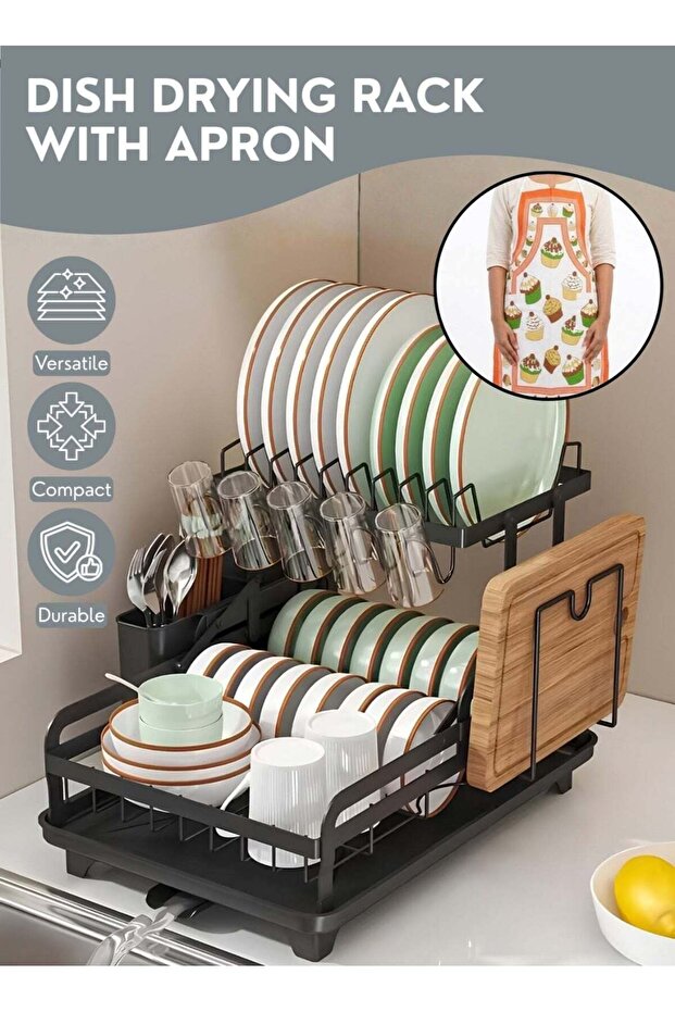Dish Drying Rack with Drain Tray & Cutlery Holder – Countertop Kitchen Dish Drainer Stand, Space Saving Plate & Bowl Organizer, Rust Resistant Over Sink Dish Rack for Kitchen Counter