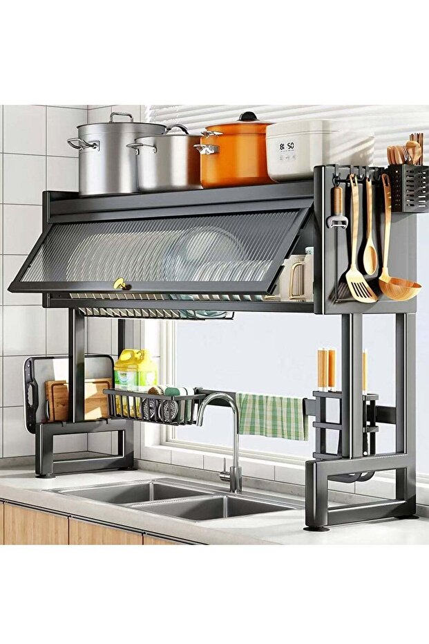 Over The Sink Dish Drying Rack, Large Dish Drying Rack Over The Counter, Dish Drying Rack with Dust-Proof Cabinet, Dish Drainer for Kitchen Sink Shelf with Utensil Holder