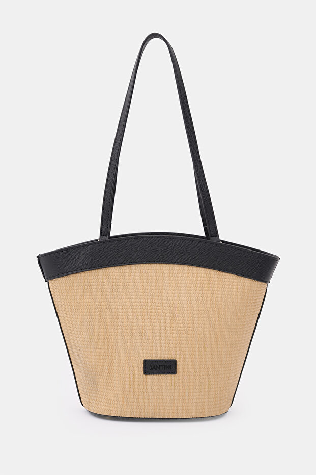 Bag Women's Tote Bag Shoulder Bag Straw Bag Summer Large Handbag Leather Celeste Black