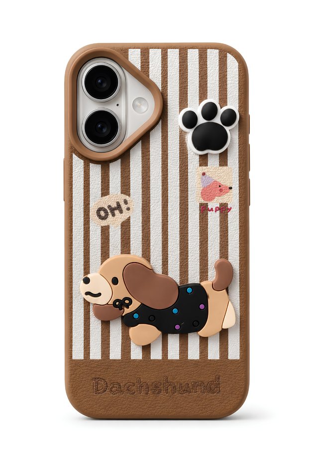 iPhone 16 Compatible 3D Dachshund Dog Figured Striped Silicone Phone Case