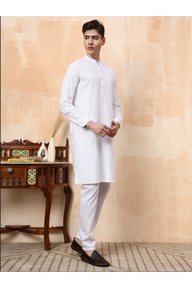 Mens White Linen Feel Cotton Kurta Set