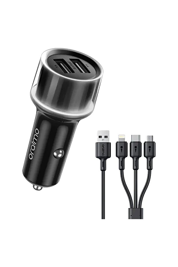 HighWay 15 Dual USB Car Charger 15.5W with 3-in-1 Charging Cable, LED Light Ring, Black