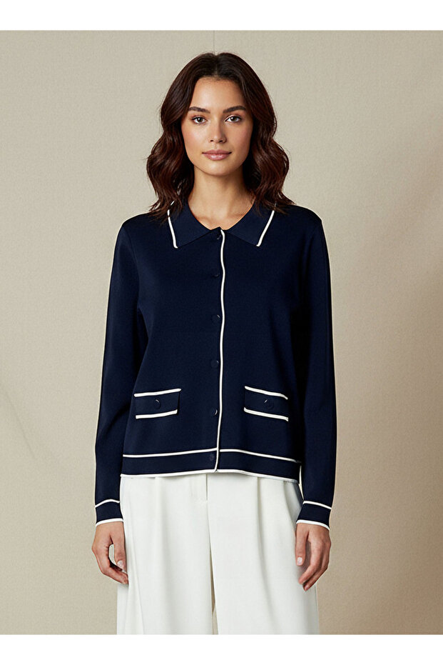 COLLARED KNIT CARDIGAN WITH CONTRAST PIPING