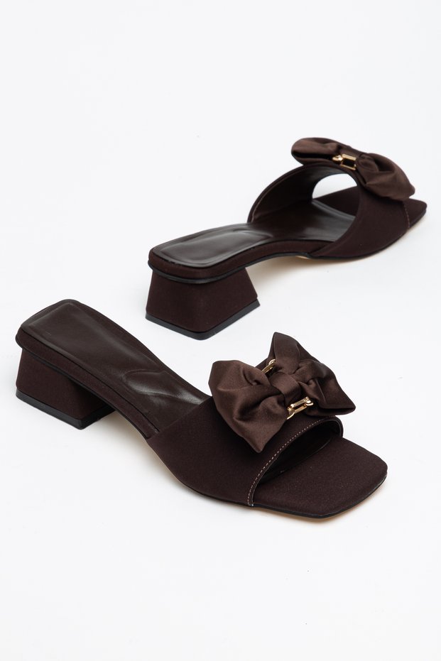 Ribbon Detailed Satin Short Heeled Women's Slippers