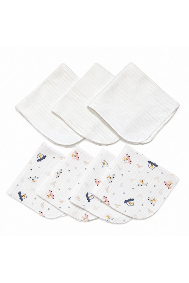 Set of 7 Baby Mouth Wipes 100% Cotton 22X22 cm 4 Patterned 3 Plain