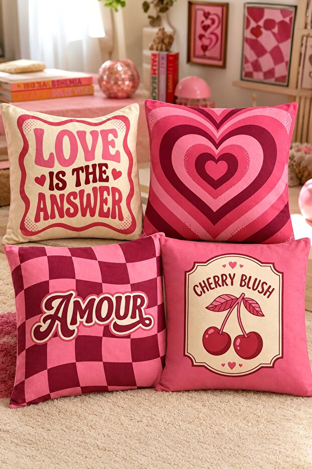 Love Hearts Patterned 4-Piece Throw Pillow Cover Set