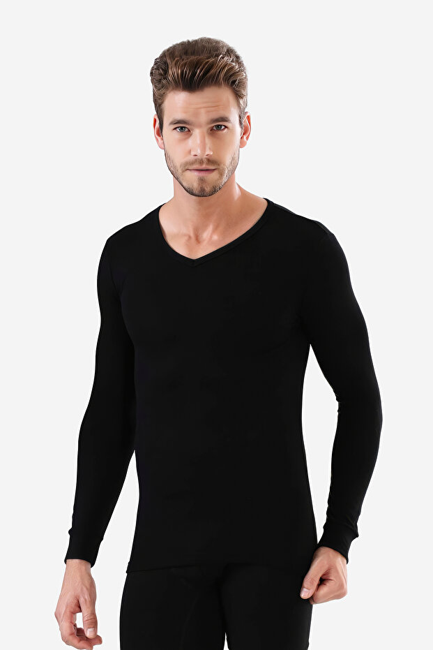 Men's Black V-Neck Long Sleeve Undershirt Badi 100% Cotton Ribbed