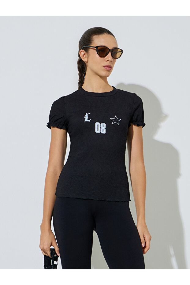 Black Ribbed Graphic Cuffed Short Sleeves T-Shirt