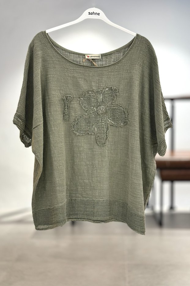 Daisy Sequined Short Sleeve Loose Linen Blouse