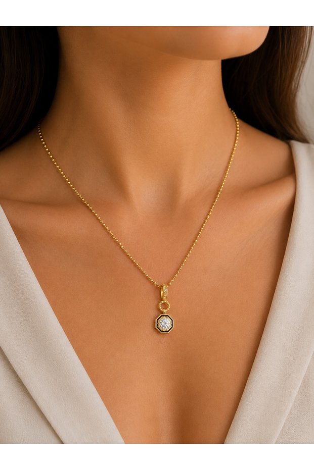 Women's Gold Color Octagonal Zircon Stone 316L Stainless Steel Necklace
