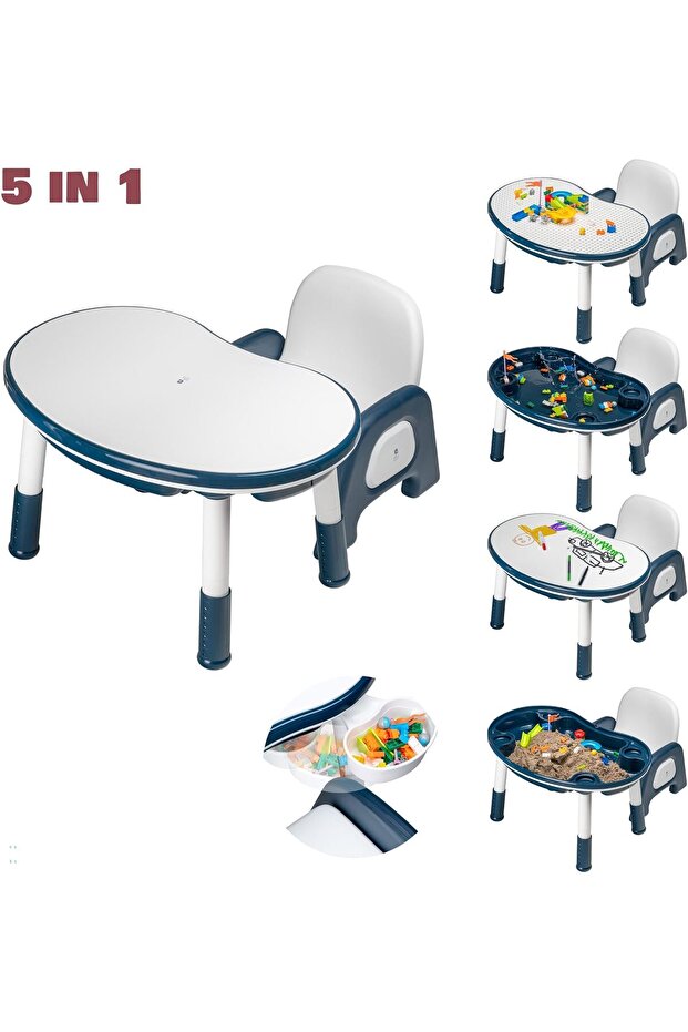 Kids Learning Desk, Activity Table and Chair Set, With Gadgets, Height Adjustable Educational Desk with Storage Baskets, Whiteboard, Building Blocks & Water Toy activity, 74.5x47x57.5cm (Blue Z)
