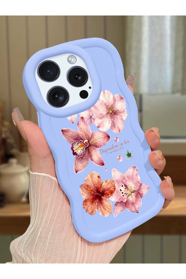 iPhone 16 Pro Max Compatible Case with Camera Protection Blue Silicone Couple Phone Case with Floral Pattern