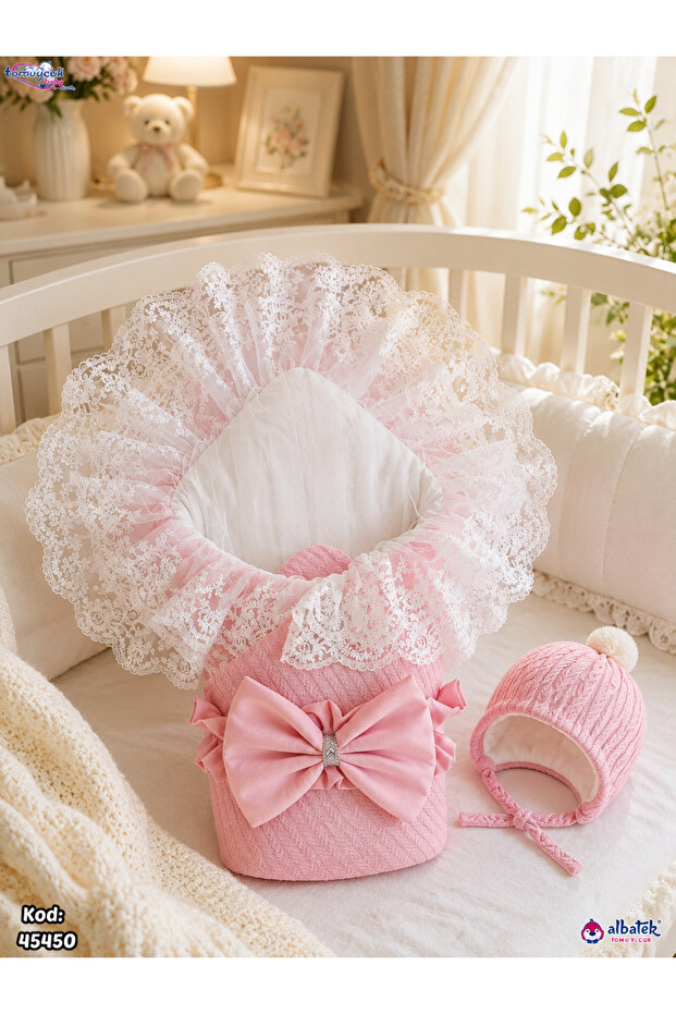 Knitwear Beautiful Knitted Double Layer Lace Baby Swaddle Blanket Hospital Release Newborn Swaddle Set Pink