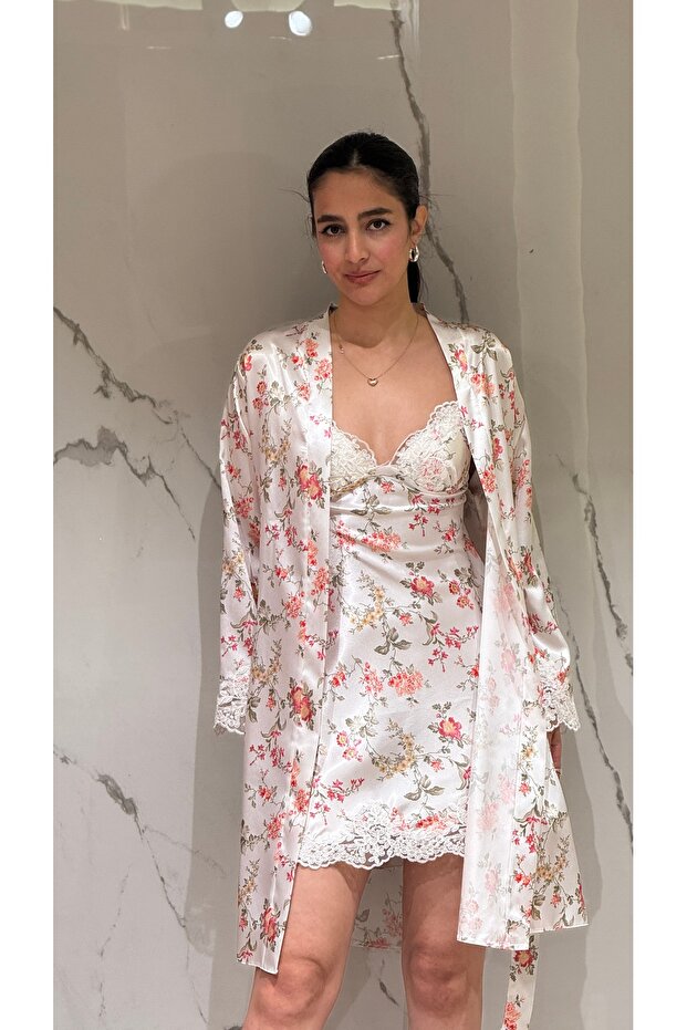 2 Piece Dowry Satin Short Nightgown and Dressing Gown Set Romantic Floral Patterned Belted Ends and Sleeves Ruched Bridal Set