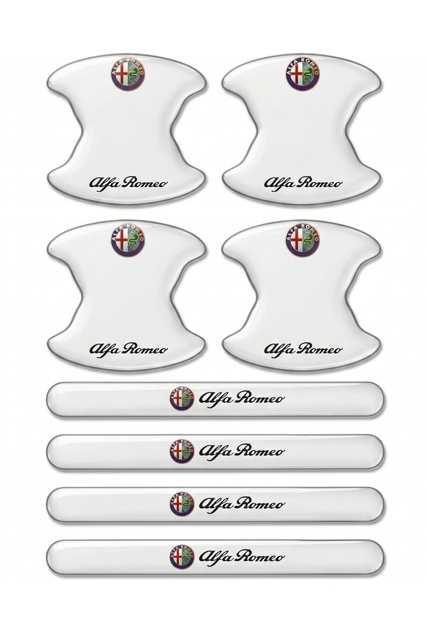 Premium Door Handle Anti-Scratch Protector (Set of 8) – Black & Transparent / Alfa Romeo with Vehicle Brand Label