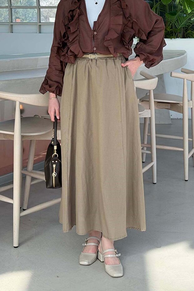 Belted Pocketed Hijab Skirt Beige