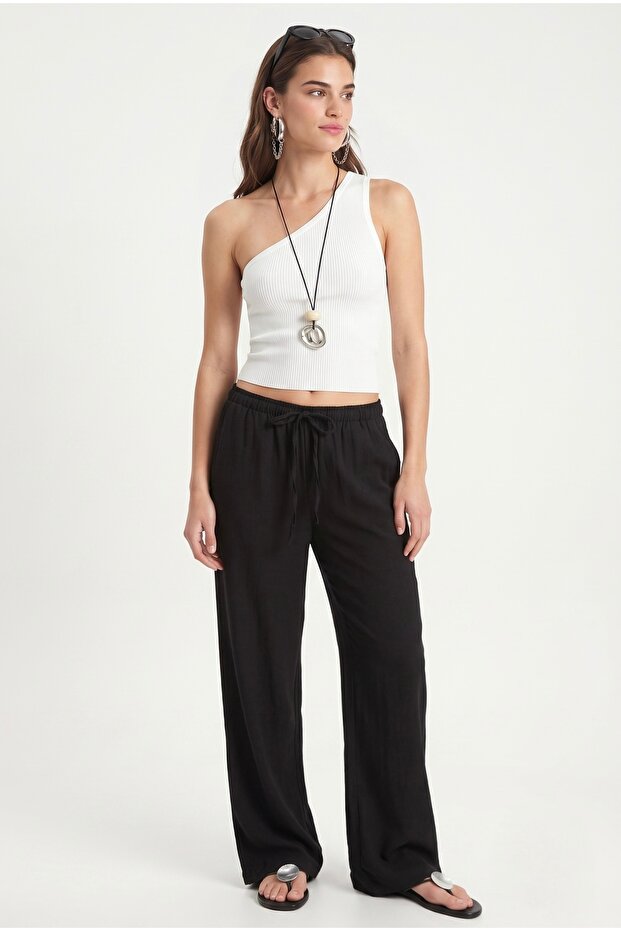 Women's New George Linen Blend Loose Cut Woven Black Trousers