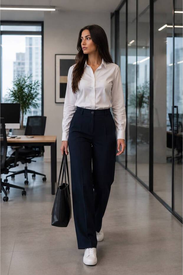 Frieda Navy Blue High Waist, Wide Leg, Special Production, Side Elastic Women's Fabric Trousers New Season