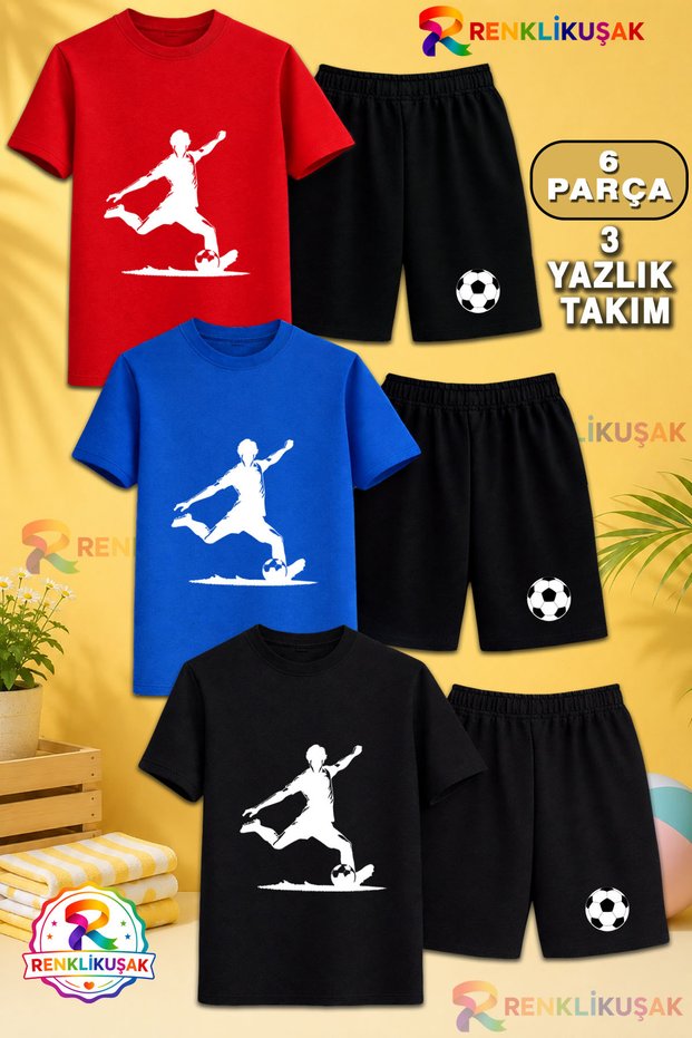 Children's 3Lu Team T-Shirt - Shorts White Football Player Throwing Ball Printed Unisex Crew Neck