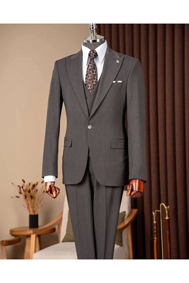 Slim Fit Men's Pointed Collar Jacket Vest Pants Suit Anthracite T20125-08