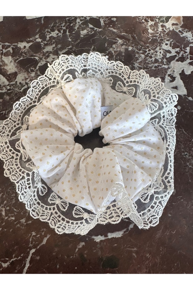Cotton Gold Glitter Polka Dot Printed Cream Bow Lace Scrunchie Elastic Buckle