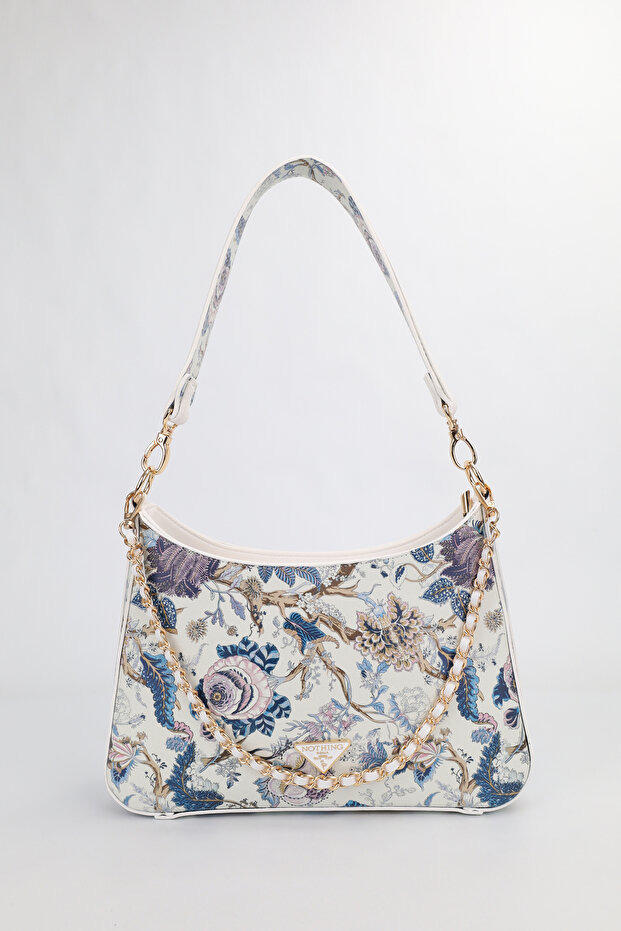 Women's Premium Zippered Patterned White Belt Strap Chain Detailed Hand Shoulder Crossbody Bag Alba