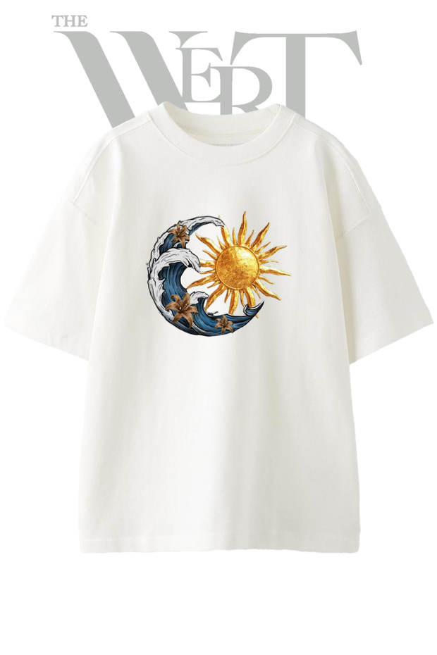Sun Wave Design Printed Unisex White Oversize T-Shirt